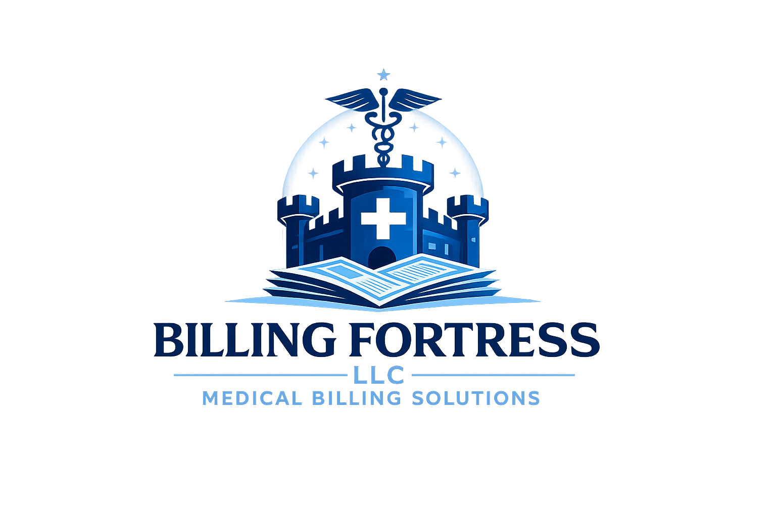 Billing Fortress LLC logo: fortress with medical cross and caduceus above an open book, medical billing solutions